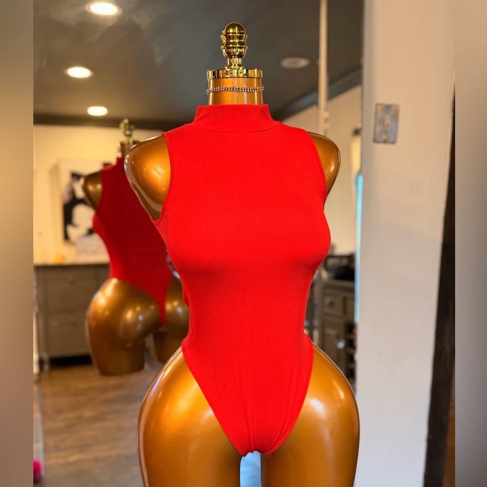 Sleeveless Mock Neck Red Bodysuit